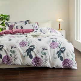 MILDLY 100% Washed Cotton Duvet Cover - Purple Hydrangea Floral Comforter Cover Set Botanical Flower Pattern Bedding Set with Zipper Closure 4 Ties King Size