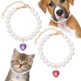 Pndeyo 2pcs Pearl Cat Collars, Adjustable Heart-Shaped Cat Necklace, Sparkly Rhinestone Pet Collar for Small Short Hair Puppy Kitten Rabbit Fox- Purple & Red