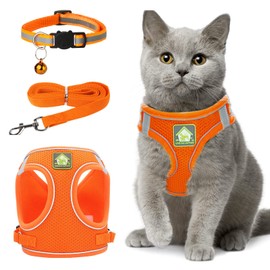Zhenle Cat Harness, Escape Proof with Cat Lead, Adjustable Reflective Cat Harness Set with Lead, Orange Cat Harness Set Includes Collars, Lead and Chest Harness (XS)