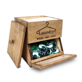 Besuerte Laundry Pod Holder - 2 Tiered Rustic Wooden Dispenser, Dryer Sheet Container for Laundry Room Organizer, Brown