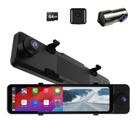 11‘’ Rear View Mirror Triple Channel Dash Cam,Touch Screen, CarPlay & Android Auto, APP, WiFi, FM,3 Ways Video Recorder for Cars,Bluetooth, Easy Installation,GPS,G-Sensor,Included 64GB Card