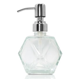 Modern Geometric Shape Clear Glass Soap Dispenser, Lotion Dispenser Bottle with Rust Proof Stainless Steel Pump for Kitchen, Bathroom Accessory, Countertop, Great for Soap, Lotions and Body Oil.