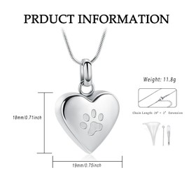 VCCWYQK Cremation Urn Necklace for Dogs Paw Print Heart Urn Necklace for Pets Memorial Keepsake Jewelry, Stainless Steel, No Gemstone