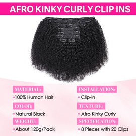 Afro Kinky Curly Clip Ins 8Pcs 20 Clips 100% Brazilian Human Hair for Black Women 4B 4C Natural Black Seamless & Tangle-Free 120g/set 14 Inch
