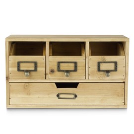 Flexzion Wood Desktop Organizer with Drawers Storage Apothecary Cabinet - Natural Countertop Wooden Makeup Box, Tabletop Catalog, Craft and Tool with 4 Drawers Doors for Accessories