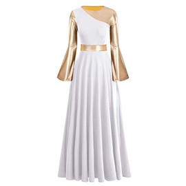 IBAKOM Women Adult Metallic Gold Color Block Long Sleeve Praise Dance Worship Robe Dress Loose Fit Full Length Liturgical Tunic Circle Skirt Lyrical Dancewear Swing Gowns Ballet Costume White-Gold XS