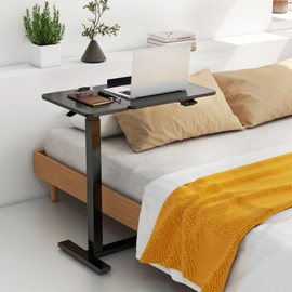 SMUG Overbed Bedside Table with Wheels, Hospital Over Bed Tables with Tilt Top, Mobile Standing Desk Adjustable Height, Rolling Laptop Desk for Home Office Bedroom Sofa, Pneumatic Adjustment, Black