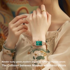 OLEVS Fashion Small Square Gold Watches for Women Green Stone Square Metal Watch Bling Ladies Analog Quartz Watches for Women Classic Retro Green Face Womens Watch