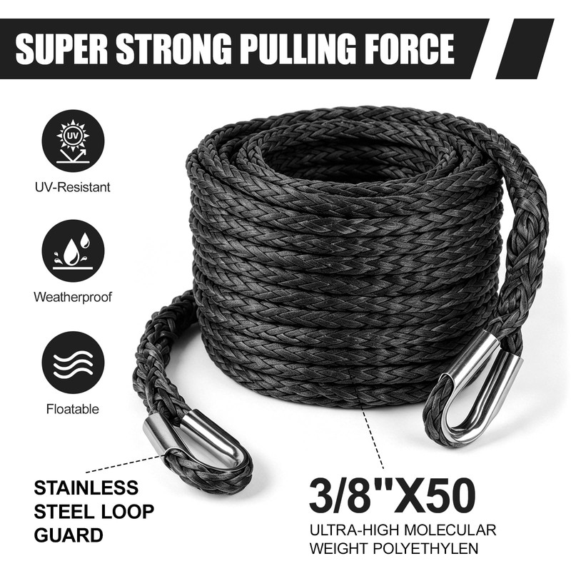 3/8 inch Synthetic Winch Rope, 26,500 Lbs Breaking Strength Winch
