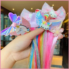 Coriario 6 Pieces Rainbow Hair Extensions for Kids Hair Extensions for Girls Ombre Colored Hair Clips Extensions Straight Ponytails Crazy Hair Day Accessories Unicorn Hair Clips for Little Girls