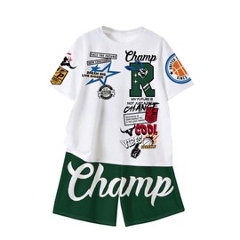WDIRARA Boy's 2 Piece Outfits Letter Graphic Short Sleeve Tee Track Shorts Set Summer Outfits White Green 11Y