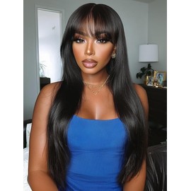 Nadula Yaki Straight Wig with Bangs Glueless Human Hair Wigs for Women Classic Cap Put on and Go Wig Blunt Cut Bangs Beginner Friendly Layered Wigs 150% Density 24inch