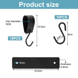 UOCAI Pack of 10 Black S-Hooks Shape, Hooks for Clothes Rails, S Hooks with Leather Loop, Coat Hooks with Leather Loop, Multifunctional Hook, Butcher Hook, Coat Hanger, Coat Hanger