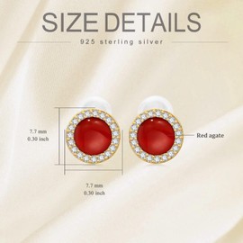 Black Onyx/Turquoise/Lapis Lazuli/Malachite/Tiger Eye/Red Agate Earring studs Sterling Silver Plated 14k Yellow Gold 6mm Round Genuine Gemstone Earrings for Women, Sterling Silver, red agate