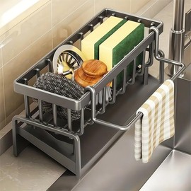 Rust-proof Carbon Steel Kitchen Drain Rack with Removable Rod Sponge & Detergent Storage Rack for Sink Organizer Black gadget rustproof:_grey