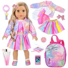 14Pcs American 18 Inch Doll Clothes and Accessories Makeup Playset Include Girl Dolls Clothes, Skirt, Backpack, Bracelet, Hair Clip, Phone and Makeup Sets（No Doll and Shoes）
