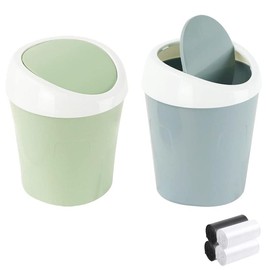2 count Plastic Mini Wastebasket Trash Can with 120 Trash Bags, Tiny Desktop Waste Garbage Bin with Swing Lid for Home, Office, Kitchen, Vanity Tabletop, Bedroom, Bathroom (Blue + Green) - Color: Green + Pink