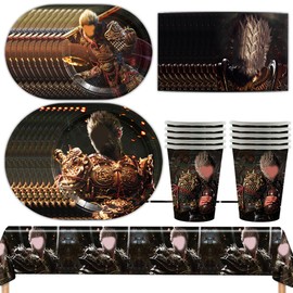 BZQCPLX 51 pcs Myth Party Tableware, Game Themed Party Supplies, Monkey Birthday Party Decorations - Plates Paper Cups Tissues Tablecloths Wukong Party Decorations Set for 10 Guests