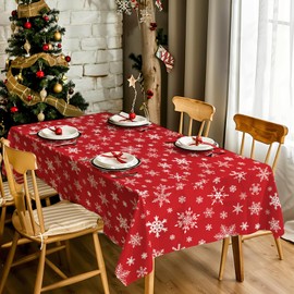 AIBIIN Christmas Tablecloth white Snowflake Rectangle Holiday Table Cloth Waterproof Polyester Fabric Red Table Cover Party Table Decor Supplies 56x84in