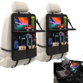 Car Backseat Organizer, 11-Pocket Storage with Tablet Holder, Back Seat Organizer with Tray & Detachable Top for Steering Wheel, Protector Kick Mats for Kids, Travel Accessories (2 Pack)