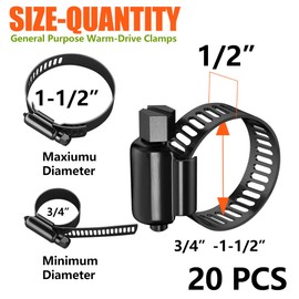 BOTTEN 20pcs Black Hose Clamp,3/8"-5/8"(10-16mm)304 Hose Clamps Stainless Steel Adjustable Worm Gear Hose Clamps Assortment Kit,radiator hose clamps fuel line clamps