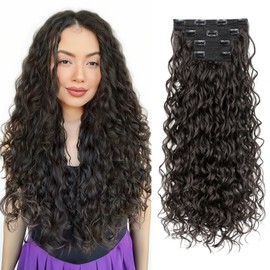 Curly Clip in Hair Extensions, 4PCS 24 inch Long Hair Extensions Clip ins Lace Weft Natural Hairpieces for Women Daily, Black Brown