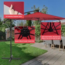 YSSOA 10ft Cantilever Patio Umbrella, Offset Hanging Outdoor Market Umbrellas with Cross Base and Crank for Garden, Lawn and Deck, Red