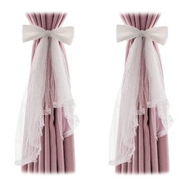 2 Pcs Lace Bow Curtain Tiebacks Fairy Fabric Curtain Tie Straps Elegant Lace Drapery Holdbacks Tie Rope for Home Office Hotel White