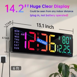 Soobest 14.2" Large Display Digital Wall Clock with Date Day of Week Temp Timer, Electric 8-in-1 Color Changing Big LED Clock for Elderly Seniors, Auto DST, Remote Control for Living Room Home Gym