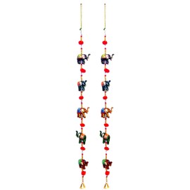 Door Hanging Decorative Five Hand Painted Elephant Stringed Together with Beads and Brass Bell