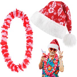 Poen Christmas in July Decoration Set Includes Tropical Santa Hat Hawaiian Leis for Tropical Christmas Luau Party Outfits