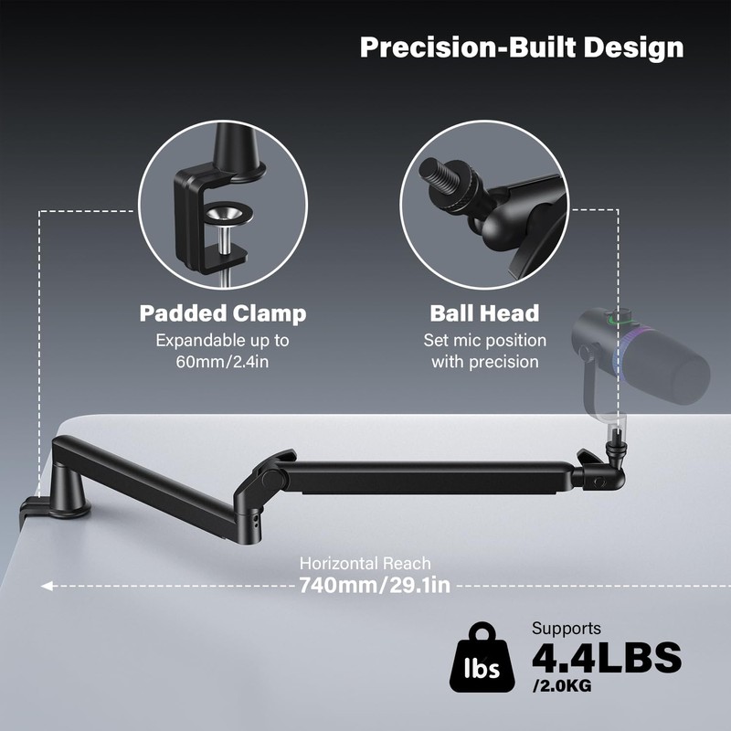Low Profile Mic Arm, Cable Management Microphone Boom Arm, Full