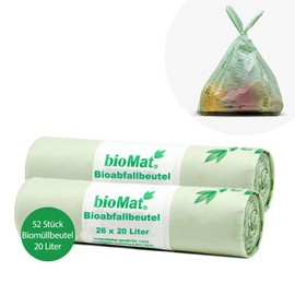 bioMat 20 L Compostable and Climate Neutral Organic Waste Bags with Handle, Pack of 52 Organic Waste Bags, DIN+ Certified, Green