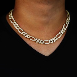 Eseres Figaro Chain Necklace for Men 12MM Figaro Link Chain 18K Gold Plated Cuban Link Brass Curb Chain with Iced Out Zircons - 18 Inch
