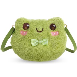 Ptwola Green Frog Crossbody Bag Cute Plush Animal Purse Backpack Kawaii Stuffed Bowknot Shoulder Wallet Portable Travel Messenger Bag with A Removable Shoulder Strap for Children Adults Girls Women