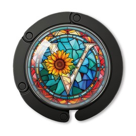 YAZMEEN Stained Glass Initial Foldable Purse Hook for Table, Stained Glass Letter V, Women's Handbag Hanger Holder, Portable Purse Table Hanger, Funny Desk Hook Gifts for Mom Wife Sister Friend BFF