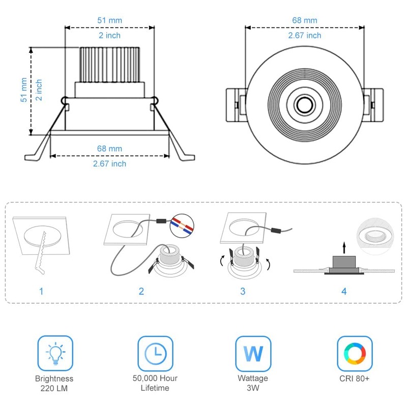 2Inch LED Recessed Ceiling Light, 3W Dimmable LED Downlight, Natural