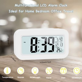 JOPHEK LCD Digital Alarm Clock, Travel Alarm Clock with Temperature Snooze Function, Light Control, Intelligent Alarm Clock for Bedroom, Home, Office