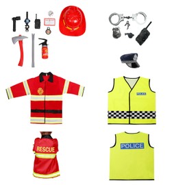 Kids Police and fireman Costume and toys set for Dress Up Pretend Play Complete Police Officer and firefighter Uniform Hat Badge world book day costumes for boys Boys Girls (Large (6-8 Years))
