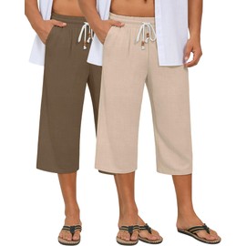 Neer 2 Pack Men's Linen Capri Pants, Lightweight Baggy 3/4 Shorts Drawstring Elastic Waist Beach Yoga Pants with Pockets(Apricot, Brown,XX-Large)