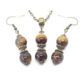Set of Earrings and Necklace in Bronze with Pendant of Brown Tiger's Eye Beads and Tibetan Beads
