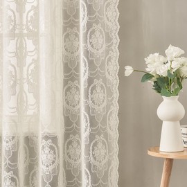 Luyicozy Ivory Vintage Country Floral Lace Sheer Curtains 96 Inches Long -Rod Pocket Light Filtering French Privacy Scalloped Edges Rod Pocket Boho Bedroom ，52 x 96 Inch, 2 Panels