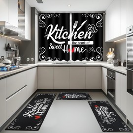 XLHOMO Kitchen Runner Rugs 4 Piece Set with Curtain, Non Slip Cushioned Kitchen Mats Carpet for Floor Waterproof Comfort Kitchen Rugs and Mats Farmhouse Chef Mats Floor Carpet for Sink,Laundry Room