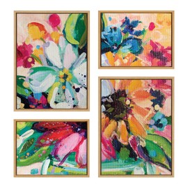 Kate and Laurel Sylvie Wild Growth Framed Canvas Wall Art Set by Rachel Christopoulos, 4 Piece Set Natural, Colorful Flower Brushstrokes Art for Wall