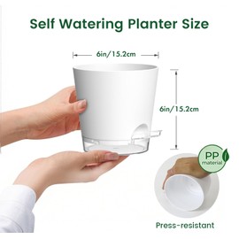 Meowell 6 inch Self Watering Pots for Indoor Outdoor Plants, 3 Pack Flower Plant Pots with Drainage Holes and Clear Reservoirs, Visible Water Level, Plastic Planters with Wicking Rope, White