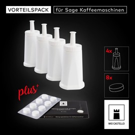 mioCASTELLO® 4x Water Filters for Sage/Breville (TÜV SÜD Tested) + 8x Cleaning Tabs - Replaces Claro Swiss SES008 BES008 for SES990 SES876 SES878 SES980 SES880 SES920 SES810 BES990 BES980 BES878 ...