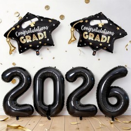 2026 Graduation Cap Balloons, 2026 Graduation Party Decorations Congrats Grad Hat Foil Balloon 40 Inch Black 2026 Balloons for High School College Class of 2026 Congratulations Graduate Party Decor