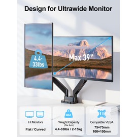 ErgoFocus Dual Monitor Mount Fits Max 39" Computer Screen, Hold 4.4-33 lbs Each Ultrawide Desk Mount, Adjustable Gas Spring Double Monitor Arm, Monitor Stand for 2 Monitors with USB, VESA