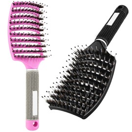 (2 Pcs)Boar Bristle Hair Brush, MOIHSING Curved & Vented & Fast Dry Detangling Hair Brush for Men Women Girls Kids Wet, Long, Thick, Curly and Tangled Head Massage Hair Styling Hair Blow Drying Brush
