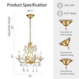WUZUPS Crystal Candle Chandelier Pendant Flushmount Ceiling Light Modern Lighting Fixture for Bedroom Hallway Bar Kitchen Bathroom, H 14" x W 16", Gold, E12 Base